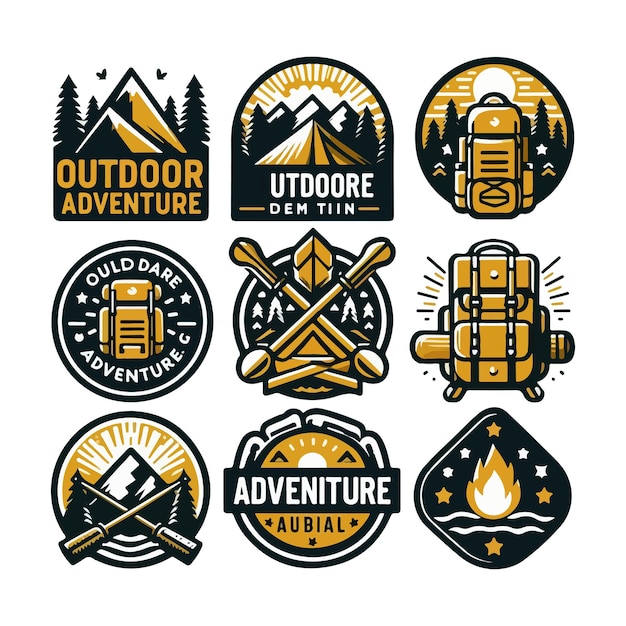 Outdoor Adventure Camping Set Logo Mountain Icon Climbing Outdoor Hiking Travel Nature Badge Backpac