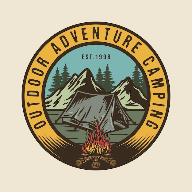 Outdoor adventure camping tent and campfire badge design with nature mountain scene