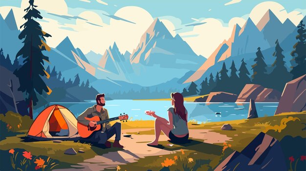 Vector outdoor camping adventure with man playing guitar and woman relaxing