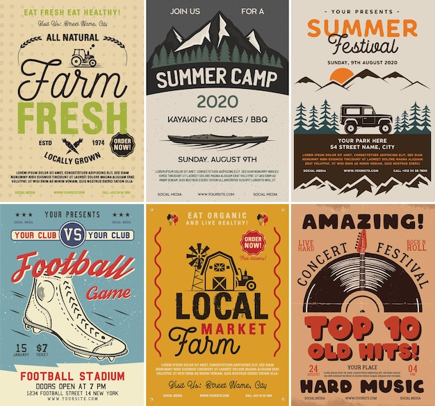 Outdoor camping and rock music flyers set, A4 format. Adventure posters graphic design. Vector