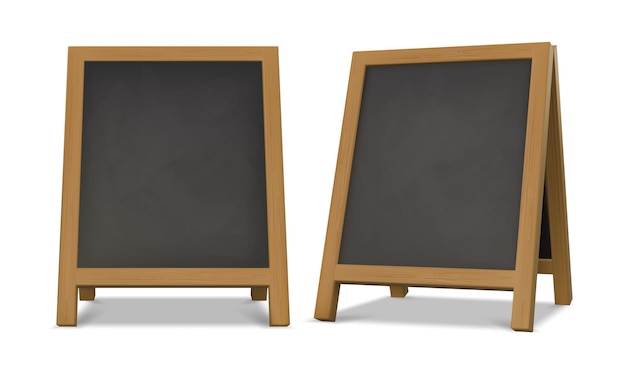 Outdoor chalk menu blackboard stand with wood frame Realistic chalkboard easel for cafe or restaurant Street advertising board vector set