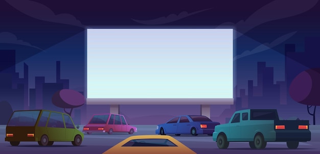 Outdoor cinema. Drive public cinema people watching movie from self cars vector cartoon landscape. Illustration movie screen theater, cinema entertainment outdoor