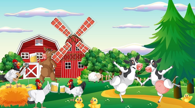 Outdoor cow farm scene with happy animals cartoon