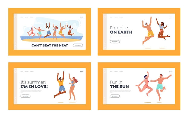 Outdoor Fun Activity Landing Page Template Set Happy Young People Group in Swim Wear Jumping with Hands Up