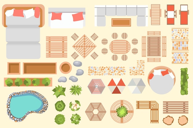 Outdoor furniture top view icon set concept in the flat cartoon design on a yellow background