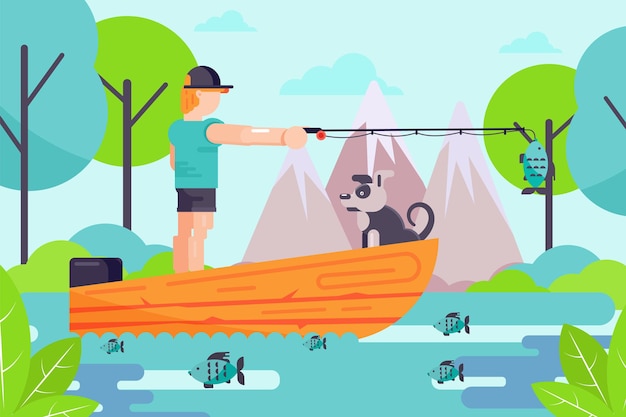 Outdoor hobby male character fisherman hold fishing rod, man with dog relax in boat flat vector illustration, nature landscape.