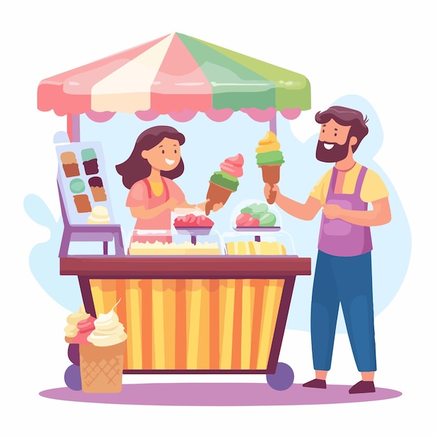 Vector outdoor ice cream vendor in park selling treats to customers