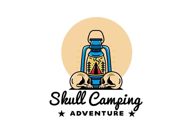 Outdoor lantern with triangle camping tent and two skull illustration