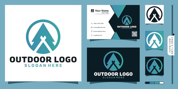 Outdoor logo with tent and pine tree modern concept and business card design