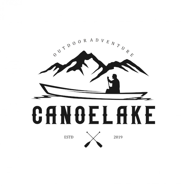 Outdoor logos with mountain elements and canoes