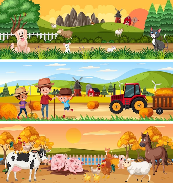 Outdoor panorama landscape scene set with cartoon character