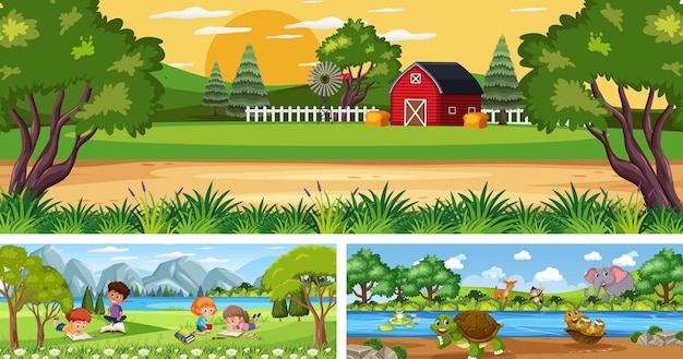 Outdoor panoramic landscape scenes set with cartoon character