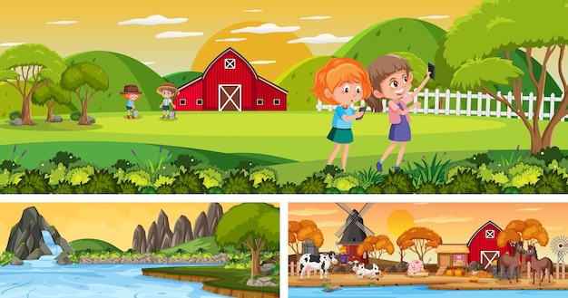 Outdoor panoramic landscape scenes set with cartoon character