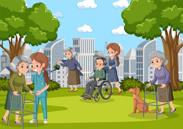 Outdoor park with elderly people and caregivers