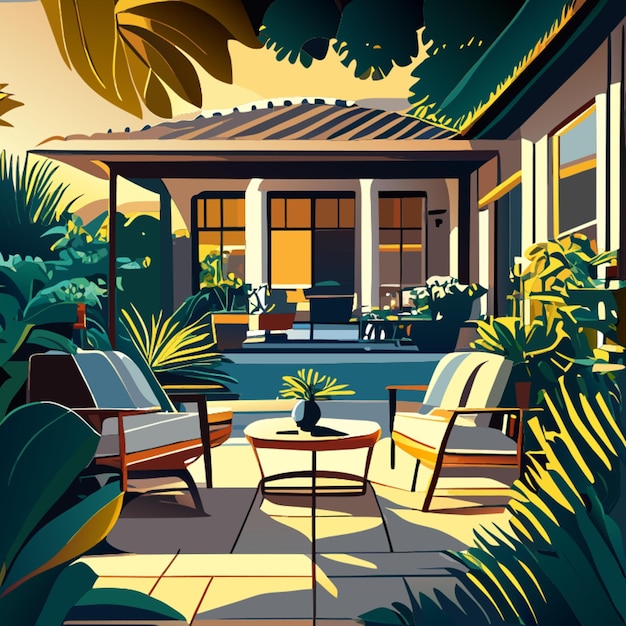 an outdoor patio with comfortable lounge chairs and a coffee table vector illustration