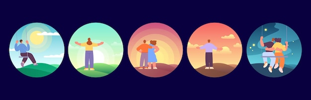 Outdoor people Woman man on nature Dating and relax single and couples stand back and look in future Morning day and evening landscapes colorful vector set