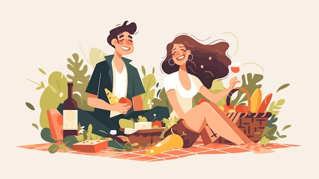 Vector outdoor picnic scene with man and woman relaxing