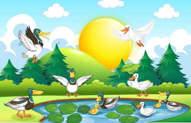 Outdoor scene with cartoon ducks