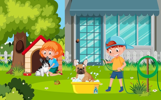 Outdoor scene with children washing their dogs