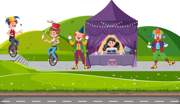 Outdoor scene with clown cartoon character