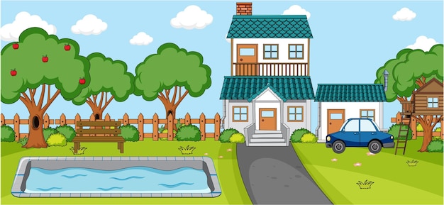 Outdoor scene with doodle house cartoon