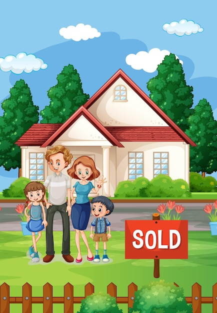 Outdoor scene with family standing in front of a house for sale