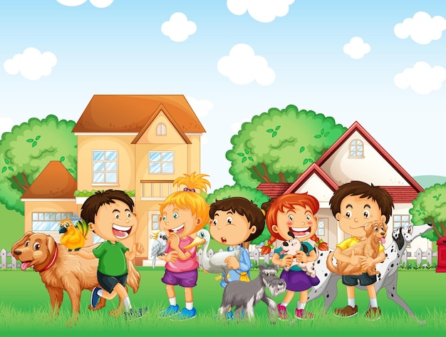 Outdoor scene with group of pet and children