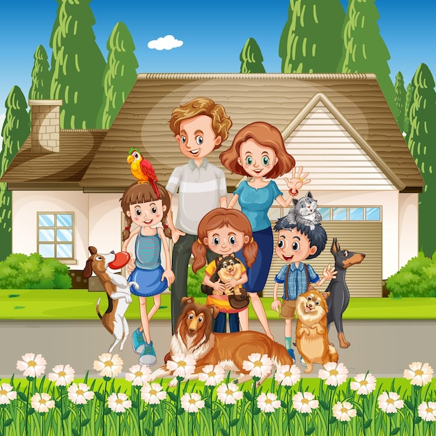 Vector outdoor scene with happy family and dogs