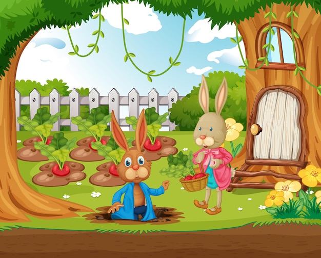 Outdoor scene with many happy rabbits in the garden