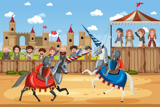 Outdoor scene with medieval knights with villagers