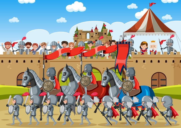 Outdoor scene with medieval knights with villagers