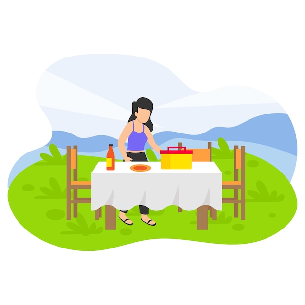 Outdoor Serving table at Picnic or forest Concept Young woman arranging food vector color design