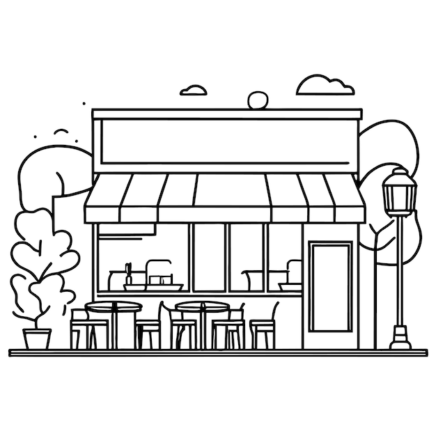 Outdoor street cafe in summer park area cartoon coloing page