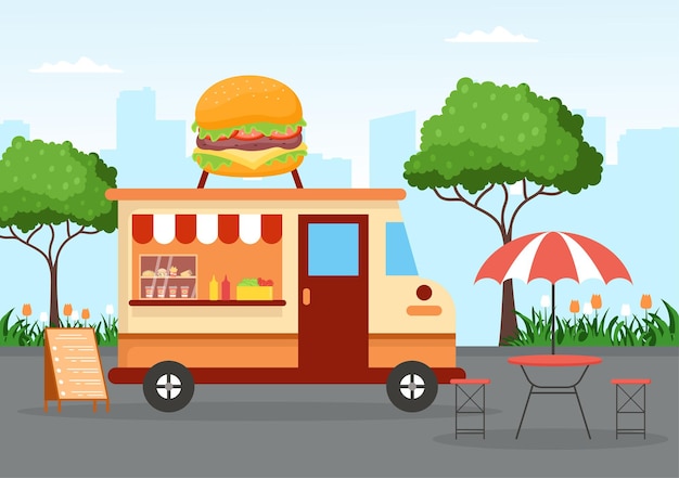 Outdoor Street and Food Truck Serving Fast Food such as Pizza or Burger  in Flat Illustration