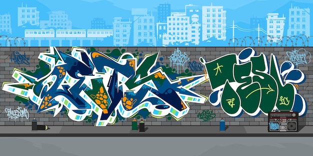 Vector outdoor urban graffiti wall with drawings against the background of the cityscape vector illustration art