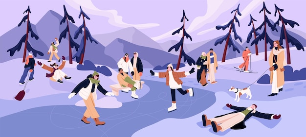 Outdoor winter fun Happy adult people and kids during holiday activities in snow in cold weather December landscape with men women and children skiing skating and walking Flat vector illustration