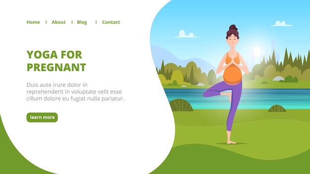 Outdoor yoga landing Pregnant women making yoga exercises in green park fitness for healthy mother lifestyle exact vector illustration for business web page