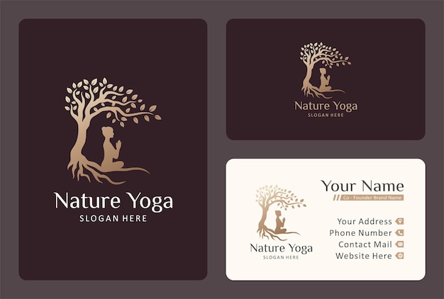 Outdoor yoga logo design with shady tree in gold color.