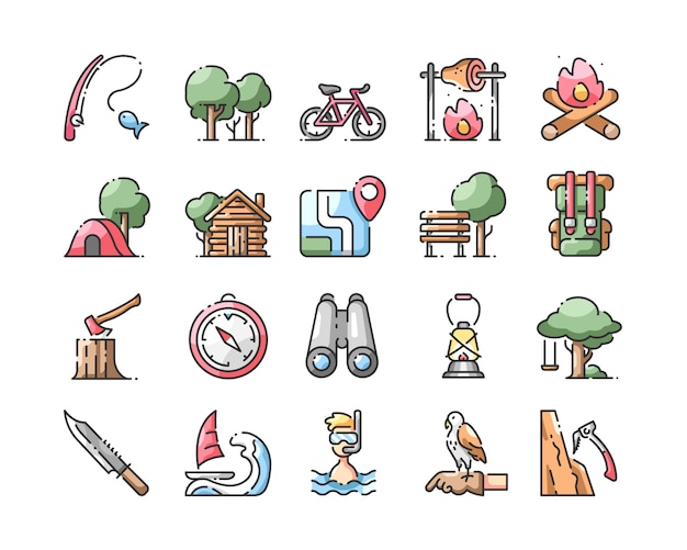 Outdoors activitis line color icons set