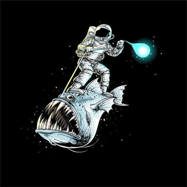 Outer space and astronaut with hand drawn angler fish