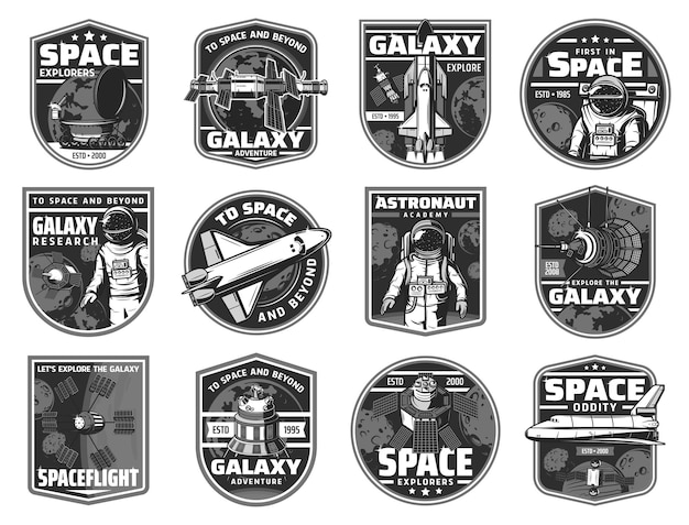 Outer space exploration galaxy adventure icons