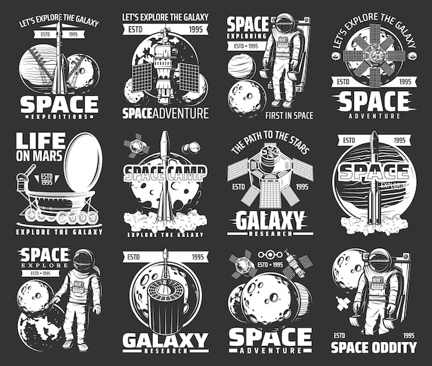 Outer space explore monochrome. Astronaut, space shuttle and satellites cosmos research retro labels