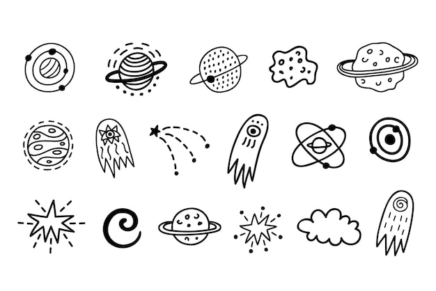 Outer Space hand drawn doodles set Cute cartoon elements collection Vector illustrations Sketch o