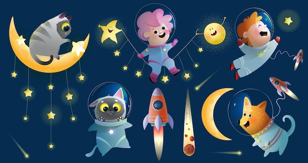 Outer Space Kids and Animals Funny Cosmic Clipart