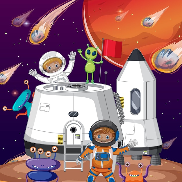 Outer space planet with astronauts and comets