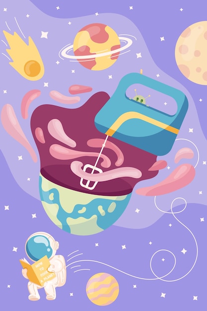 Outer space poster of deep space with stars and astronaut reading a cooking book to make a planet