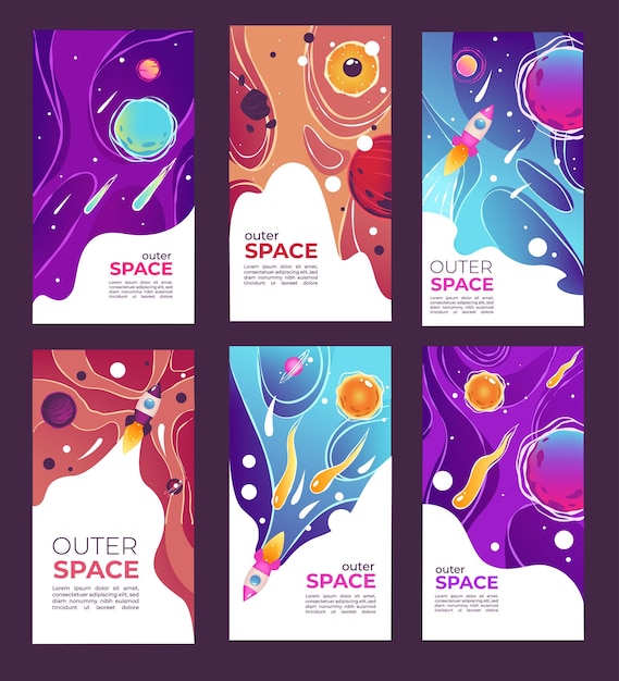 Outer space and universe covers with planets and rockets