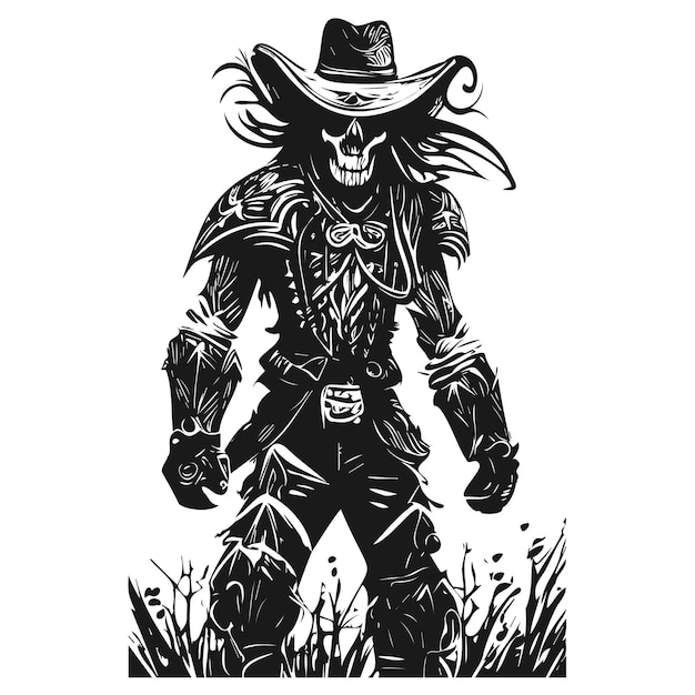 Outlaw cowboy skeleton tattoo hand drawn vector black and white clip art