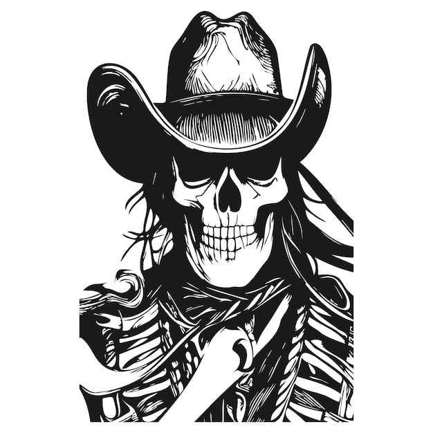 Outlaw cowboy skull tattoo hand drawn vector black and white clip art