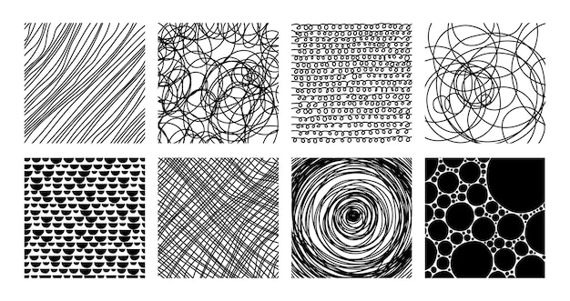 Outline abstract shapes lines dots and hand drawn squiggly patterns flat vector illustration set